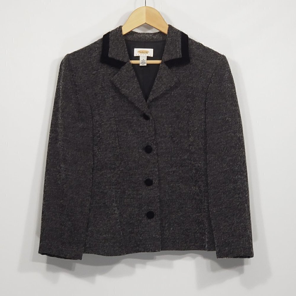 Talbots  Grey & Black 4 Button Blazer / Jacket  Black velvet trim Size 8 Petite